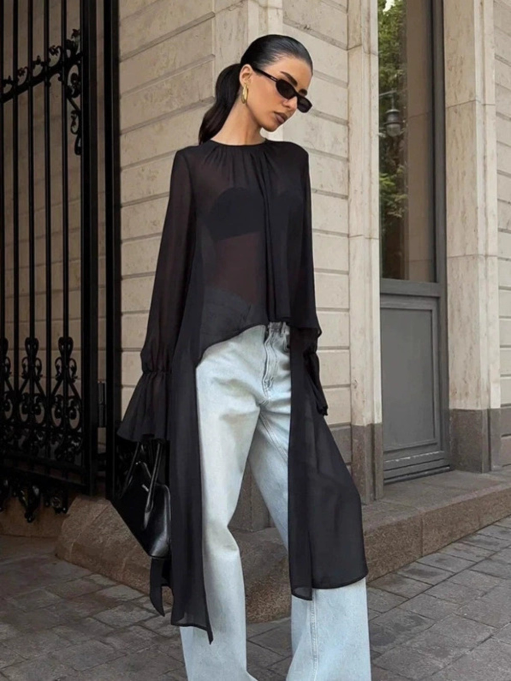 Forever 21 Dark Black Chiffon Loose Long Bell Sleeve Tunic Spring Summer